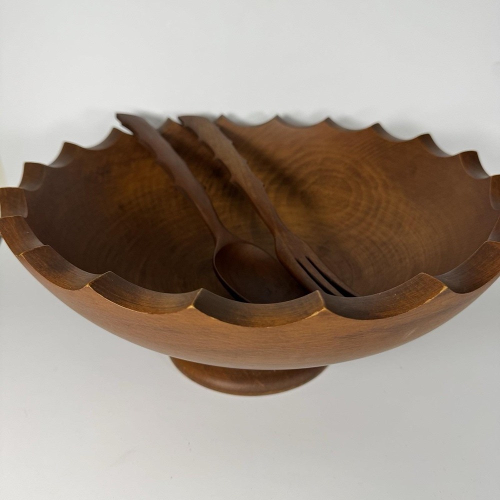 Vtg Woodcroftery Wood Pedestal Bowl Scalloped Edge W‎ Spoon Fork France 1970s
